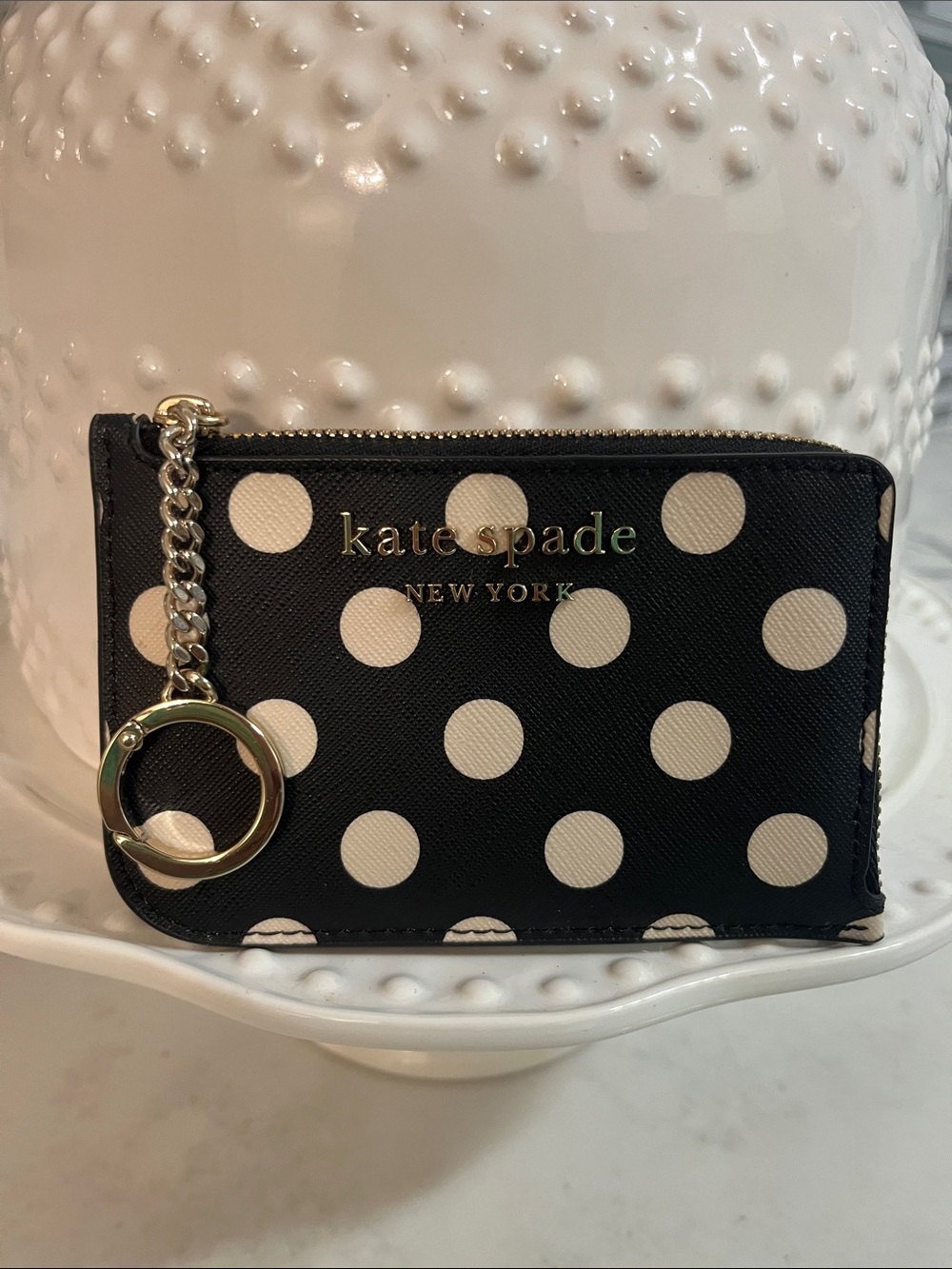 kate spade Black and Cream Polka Dot Card Case with Key Ring